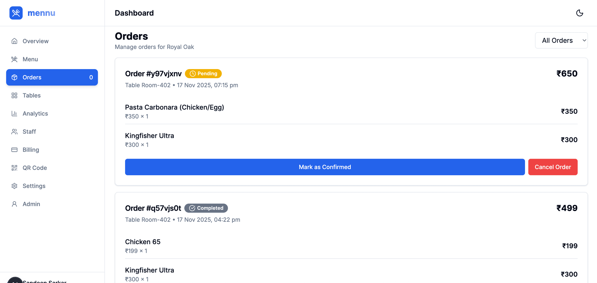 Order management interface
